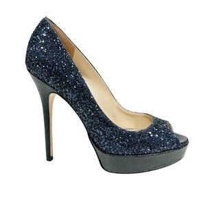 Jimmy Choo Glitter Peep Toe Heels - Navy and Black